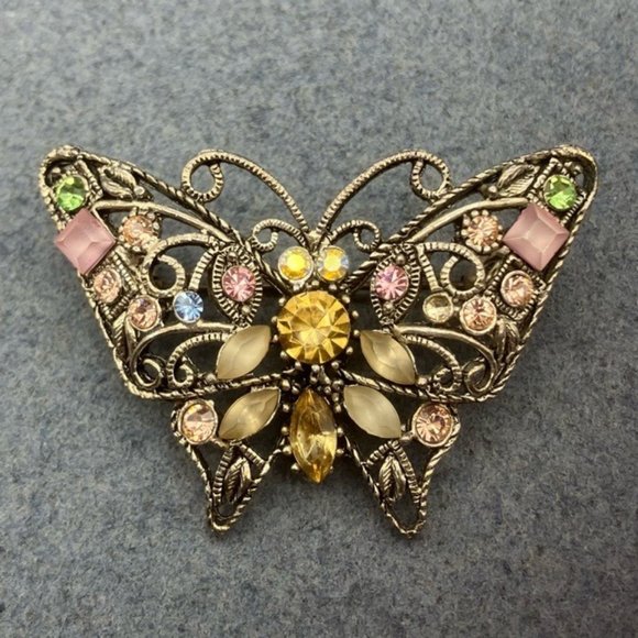 Butterfly Pin Brooch Silver As Is Rhinestone Pink Green Blue Yellow Retro Boho - Picture 4 of 11